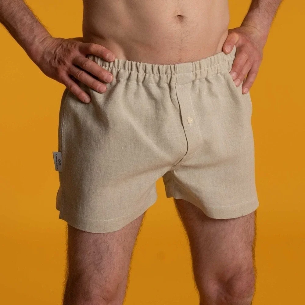 Rawganique Mens XL Joey Elastic 100% Raw Hemp Boxer Shorts Romania Striped Ivory